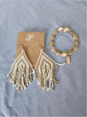 Women's Plunder Design Gold White Beaded Fringe Earrings & Bracelet Set